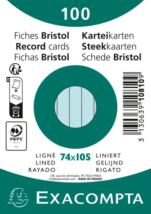 Paquet 100 fiches sous film - bristol ligné non perforé 74x105mm - Bleu ciel
