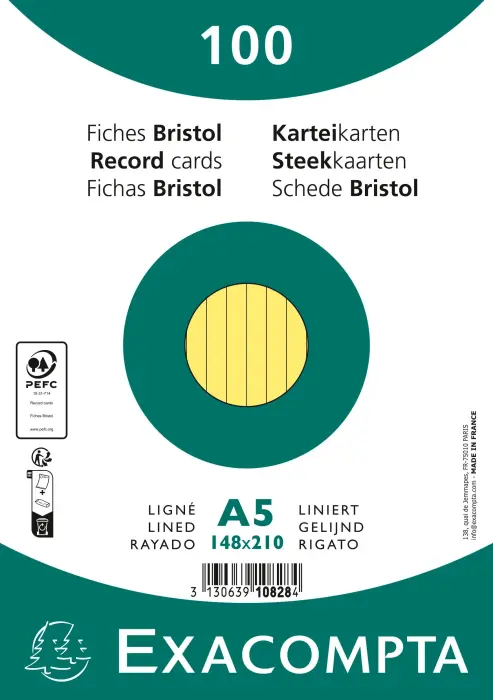 Paquet 100 fiches sous film - bristol ligné non perforé 148x210mm - Jaune