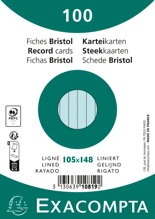 Paquet 100 fiches sous film - bristol ligné non perforé 105x148mm - Bleu ciel
