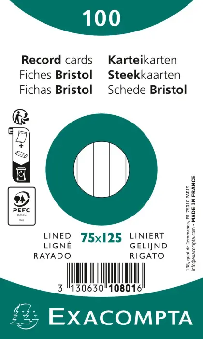 Paquet 100 fiches sous film - bristol ligné non perforé 75x125mm - Blanc