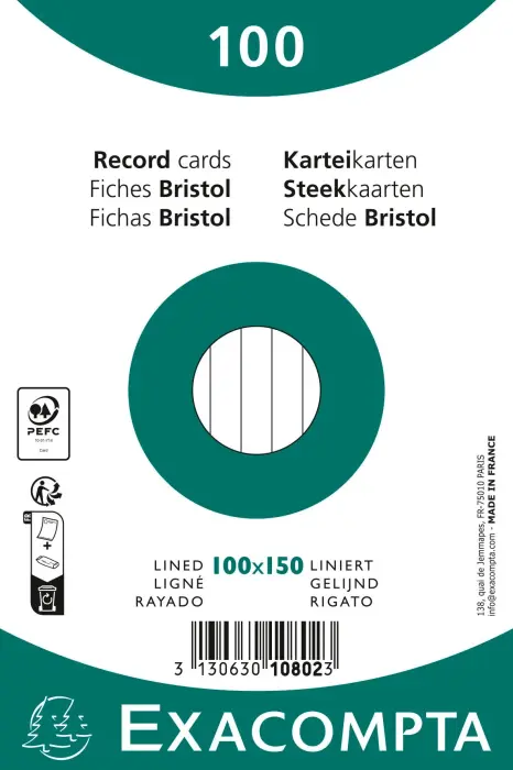 Paquet 100 fiches sous film - bristol ligné non perforé 100x150mm - Blanc
