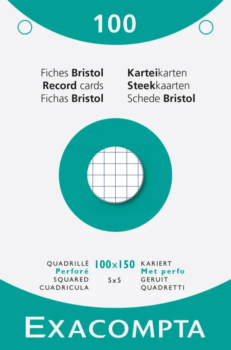 Étui de 100 fiches - bristol quadrillé 5x5 perforé 100x150mm - Blanc