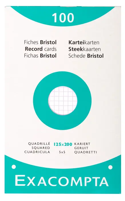 Étui de 100 fiches - bristol blanc quadrillé 5x5 perforé 125x200mm - Blanc