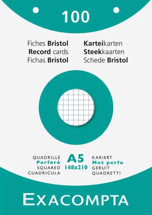 Étui de 100 fiches - bristol quadrillé 5x5 perforé 148x210mm - Blanc