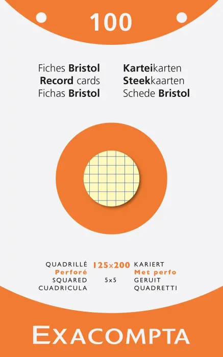 Étui de 100 fiches - bristol quadrillé 5x5 perforé 125x200mm - Couleurs assorties