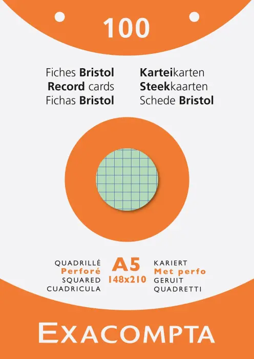 Étui de 100 fiches - bristol quadrillé 5x5 perforé 148x210mm - Couleurs assorties
