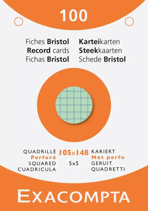Étui de 100 fiches - bristol quadrillé 5x5 perforé 105x148mm - Couleurs assorties