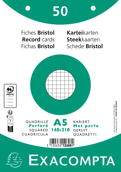 Paquet 50 fiches sous film - bristol quadrillé 5x5 perforé 148x210mm - Blanc
