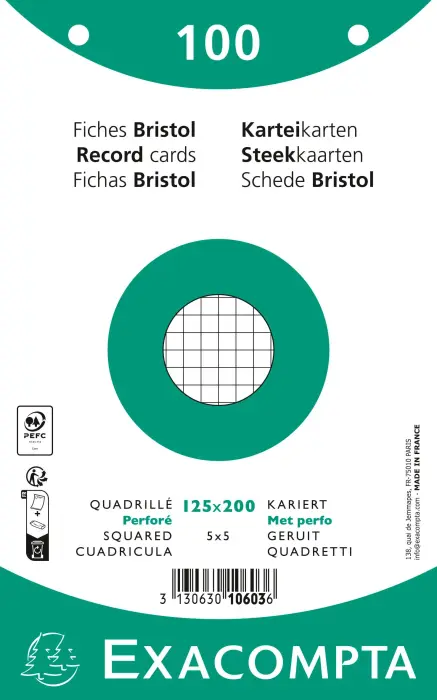 Paquet 100 fiches sous film - bristol quadrillé 5x5 perforé 125x200mm - Blanc