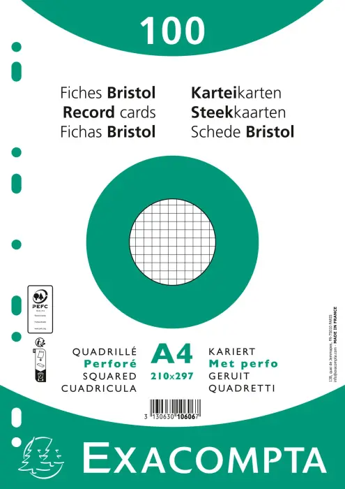 Paquet 100 fiches sous film - bristol quadrillé 5x5 perforé- 210x297mm - Blanc