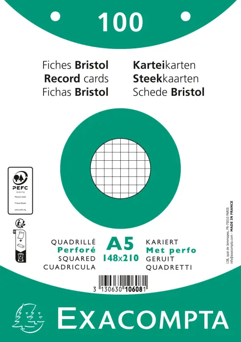 Paquet 100 fiches sous film - bristol quadrillé 5x5 perforé 148x210mm - Blanc
