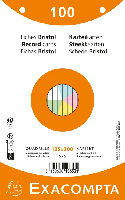 Paquet 100 fiches sous film - bristol quadrillé 5x5 perforé - 125x200mm - Couleurs assorties