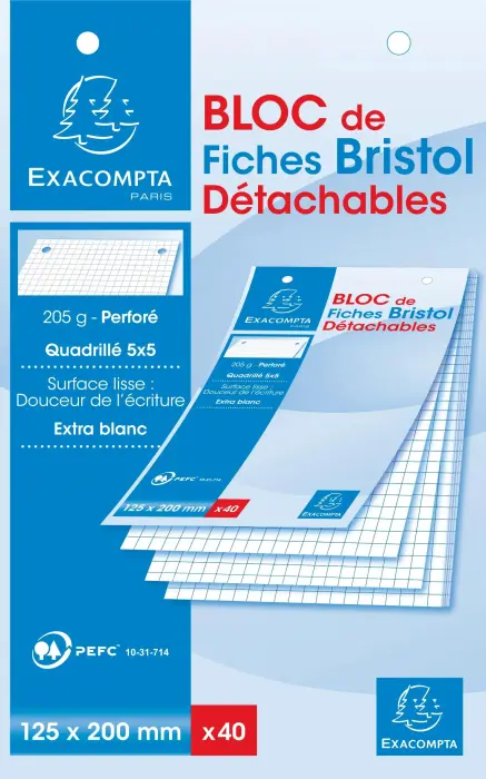 Bloc de 40 fiches bristol détachables perforées quadrillées 5X5 - 125x200 - Blanc