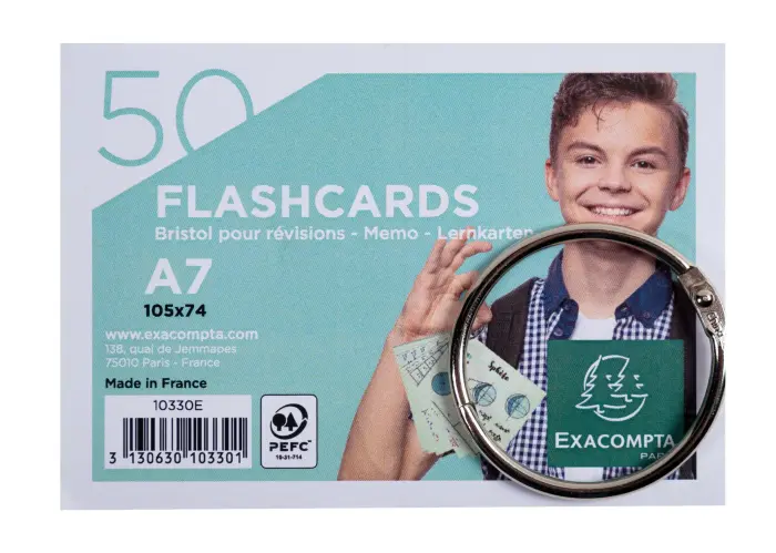 Paquet de 50 Flashcards sous film + anneau - bristol ligné perforé - format A7 - Couleurs assorties