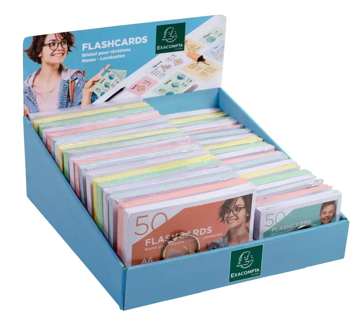 Prés. Comp. avec 38 paquets de 50 flashcards sous film + anneau - bristol ligné perforé - A6 et A7 - Couleurs assorties