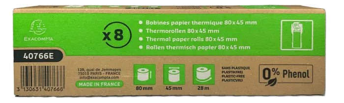 Bobine pour tickets de caisse 80x45mm - 28m - 1 pli thermique 48g/m2 sans Phenol et sans plastique - Blanc - New