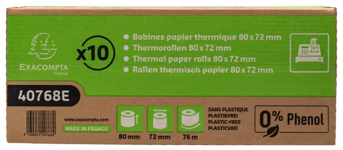 Bobine pour tickets de caisse 80x72mm - 76m - 1 pli thermique 48g/m2 sans phénol et sans plastique - Blanc