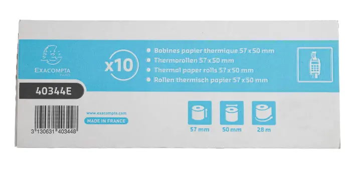 Bobine pour tickets de carte bancaire 57x50mm - 28m - 1 pli thermique 55g/m2. - Blanc