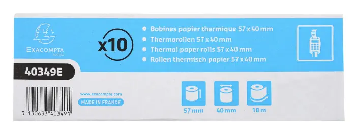 Bobine pour tickets de carte bancaire 57x40mm - 18m - 1 pli thermique 55g/m2. - Blanc