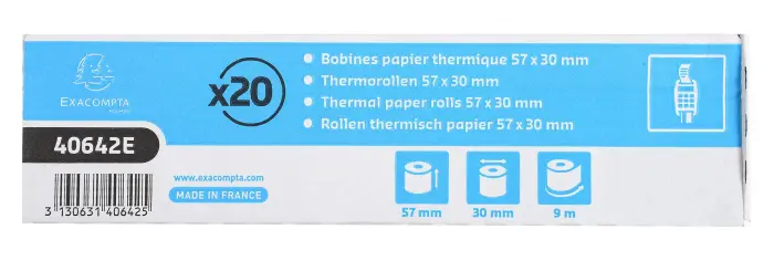 Bobine pour tickets de carte bancaire 57x30mm - 9m - 1 pli thermique 55g/m2 - Blanc
