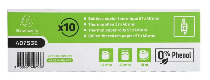 Bobine pour tickets de carte bancaire 57x40mm - 18m - 1 pli thermique 55g/m2 sans Phenol. - Blanc