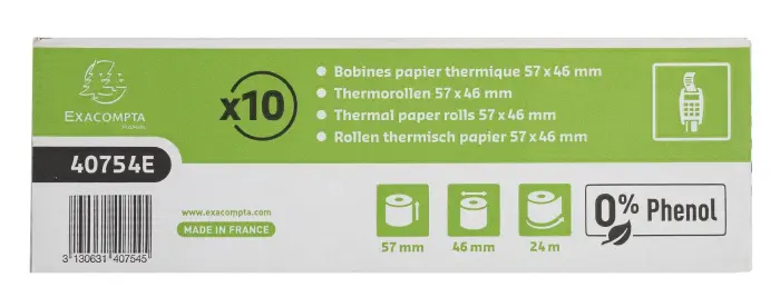 Bobine pour tickets de carte bancaire 57x46mm - 24m - 1 pli thermique 55g/m2 sans Phenol. - Blanc