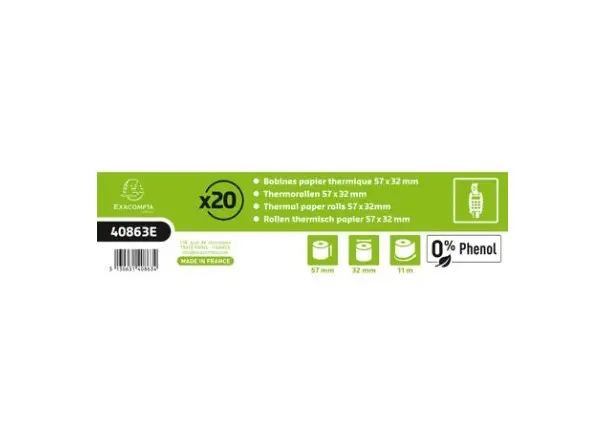 Bobine pour tickets de carte bancaire 57x32mm - 11m - 1 pli thermique 55g/m2 sans Phenol - Blanc