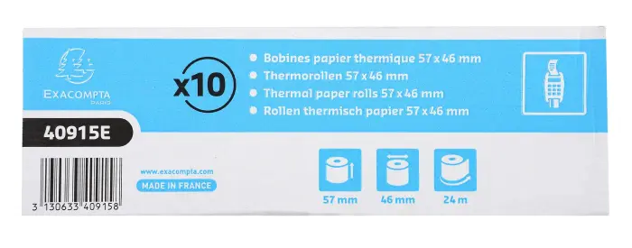 Bobine pour tickets de carte bancaire 57x46mm - 24m - 1 pli thermique 55g/m2. - Blanc