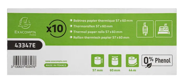 Bobine pour tickets de caisse et carte bancaire 57x60mm - 44m - 1 pli thermique 55g/m2 sans Phenol. - Blanc