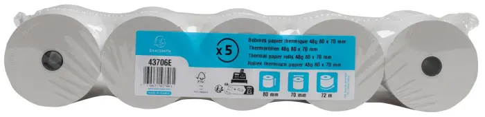 Bobine pour tickets de caisse 80x70mm - 72m - 1 pli thermique 48g/m2. - Blanc