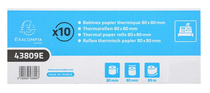 Bobine pour tickets de caisse 80x80mm - 85m - 1 pli thermique 48g/m2 - grande longueur. - Blanc