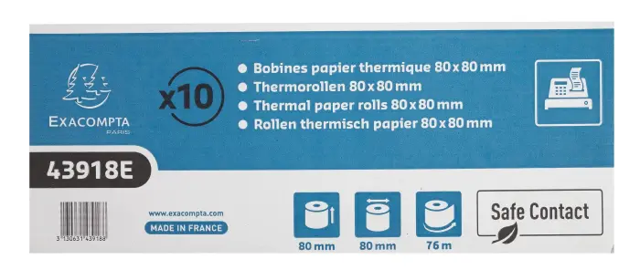 Bobine pour tickets de caisse 80x80mm - 76m - 1 pli thermique 52g/m2 - Safe Contact. - Gris clair