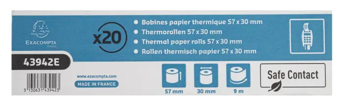 Bobine pour tickets de carte bancaire 57x30mm - 9m - 1 pli thermique 52g/m2 - Safe Contact. - Gris clair