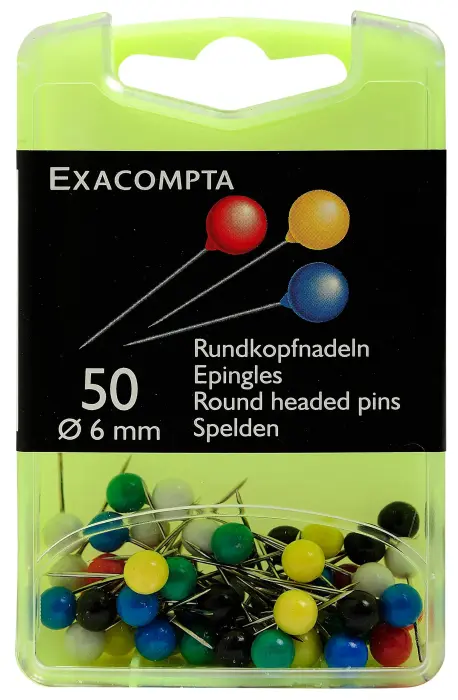 Boîte de 50 épingles sphériques - Hauteur de pointe 15mm - 6mm de diamètre - Couleurs assorties