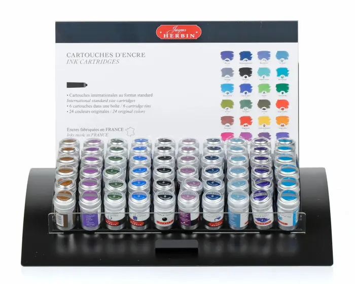 Présentoir en métal pour cartouches et stylos transparents - livré complet.