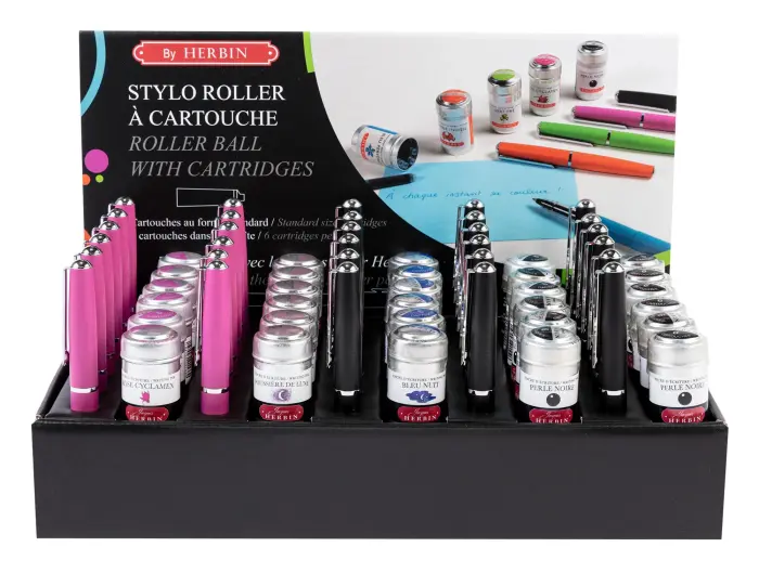 Présentoir en carton pour stylos roller en métal et cartouches - livré complet