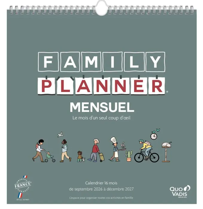 Quo Vadis - Calendrier familial à feuillets - Spiralé - 2026-2027 - Français - Family Planner - 16 mois de septembre à décembre - 30x30 cm - Papier Clairefontaine blanc