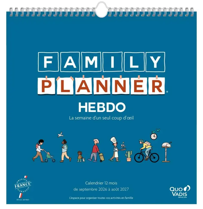 Quo Vadis - Calendrier familial à feuillets - Spiralé - 2026-2027 - Français - Family Planner - 12 mois de septembre à août - 30x30 cm - Papier Clairefontaine blanc