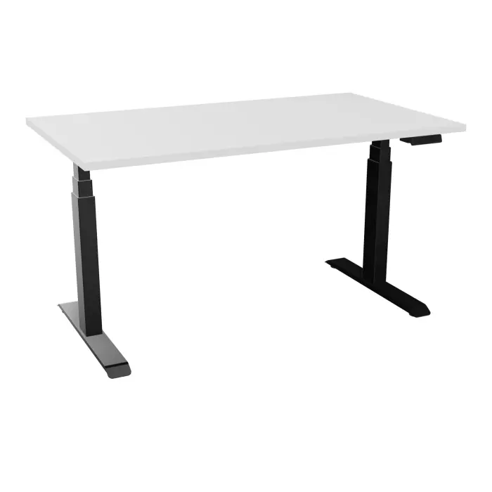 Bureau rectangulaire ERIN L. 140 x P. 80 cm x Ep 25 mm mélamine blanc neige piètements I motorisés réglables en haut avec boîtier de cde memoires de position + USB A+C finition métal lisse noir - version EU