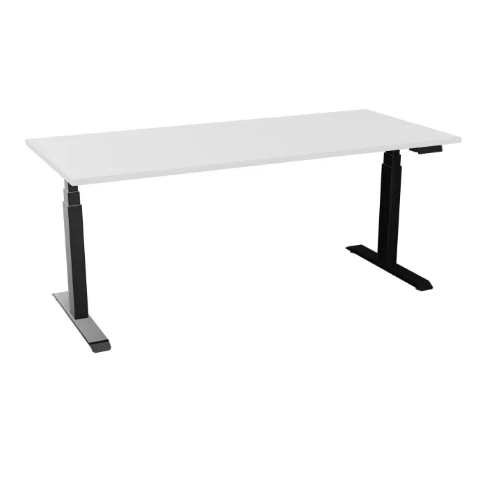 Bureau rectangulaire ERIN L. 180 x P. 80 cm x Ep 25 mm mélamine blanc neige piètements I motorisés réglables en haut avec boîtier de cde memoires de position + USB A+C finition métal lisse noir - version EU
