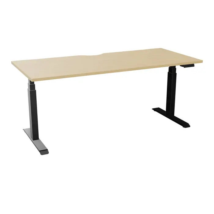 Bureau rectangulaire ERIN L. 180 x P. 80 cm x Ep 25 mm avec échancrure mélamine Chêne naturel piètements I motorisés réglables en haut avec boîtier de cde memoires de position + USB A+C finition métal lisse noi