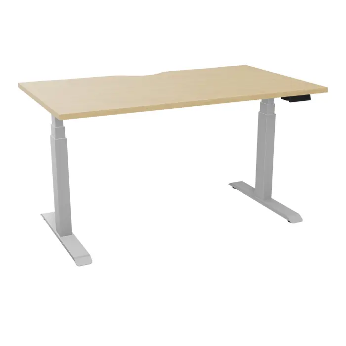 Bureau rectangulaire ERIN L. 140 x P. 80 cm x Ep 25 mm avec échancrure mélamine Chêne naturel piètements I motorisés réglables en haut avec boîtier de cde memoires de position + USB A+C finition métal lisse gri