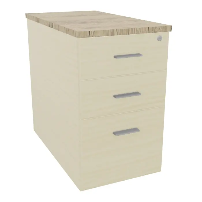 Extension sur caisson hauteur bureau Mélina 3 tiroirs dont 1 dossier suspendu L. 43,2 x P. 80 x H. 73,5 cm mélamine érable blanc top ép.25mm mélamine chêne Brunswick - poignées métal gris aluminium