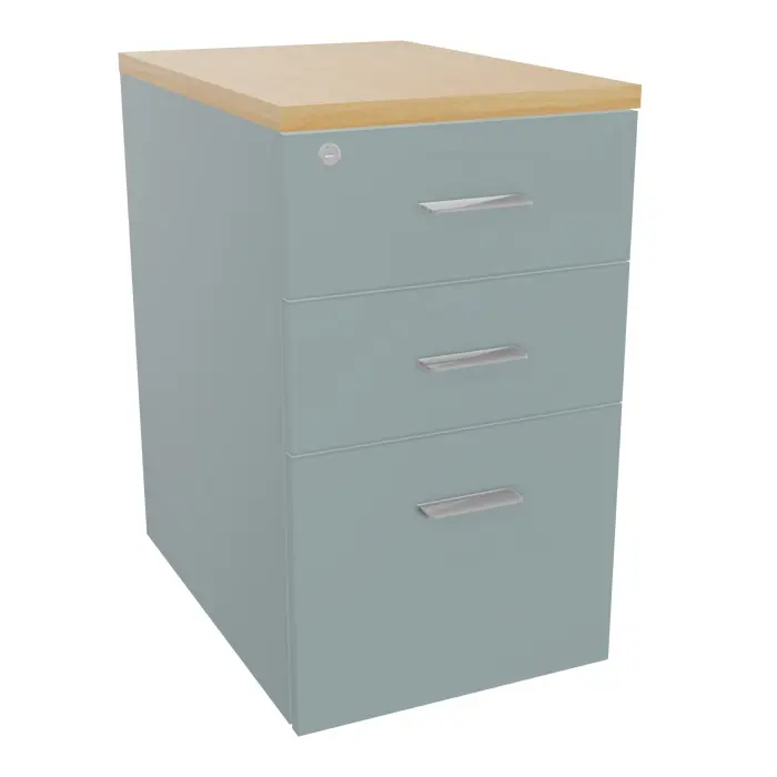 Retour sur caisson hauteur bureau Mélina 3 tiroirs dont  1 dossier suspendu L. 43,2 x P. 60 x H. 73,5 cm mélamine vert fjord top ép.25mm mélamine hêtre de honfleur - poignées métal gris aluminium