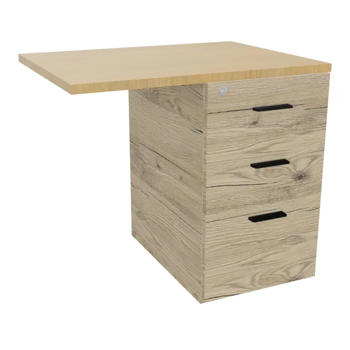 Retour sur caisson hauteur bureau Mélina 3 tiroirs dont  1 dossier suspendu L. 80 x P. 60 x H. 73,5 cm mélamine chêne Brunswick top ép.25mm mélamine chêne clair - poignées métal lisse noir