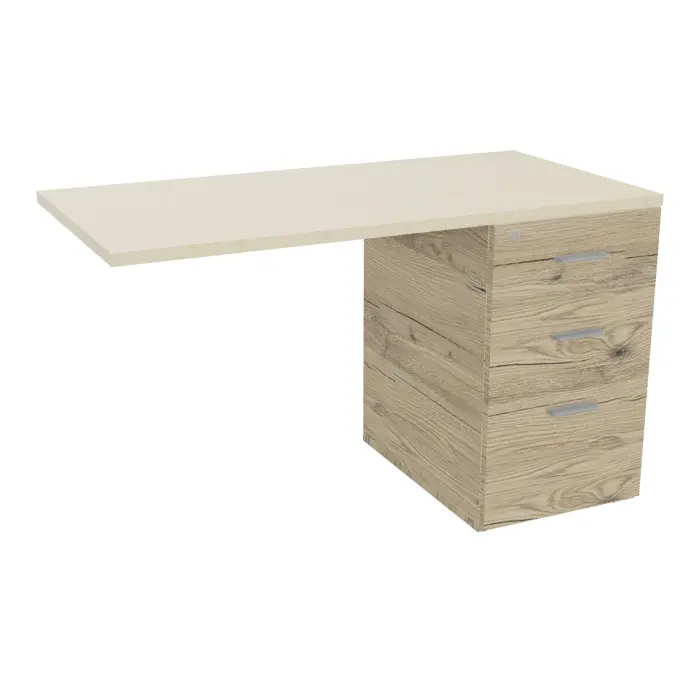 Retour sur caisson hauteur bureau Mélina 3 tiroirs dont  1 dossier suspendu L. 120 x P. 60 x H. 73,5 cm mélamine chêne Brunswick top ép.25mm mélamine érable blanc - poignées métal gris aluminium