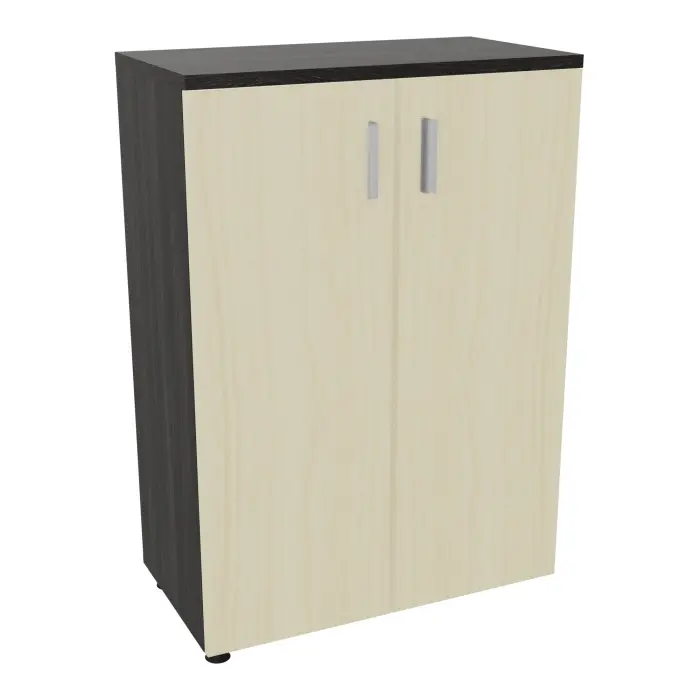 Armoire mélamine Armand 2 tablettes H. 113,5 x L. 80 x P. 43,2 cm corps et top finition mélamine chêne café avec 2 portes soft-closing mélamine érable blanc - poignées métal gris aluminium