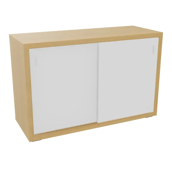 Armoire rangements déco Kara mélamine chêne clair 1 tablette H. 78,2 x L. 120 x P. 46 cm - finition façade et dos mélamine blanc neige - 2 portes coulissantes mélamine blanc neige