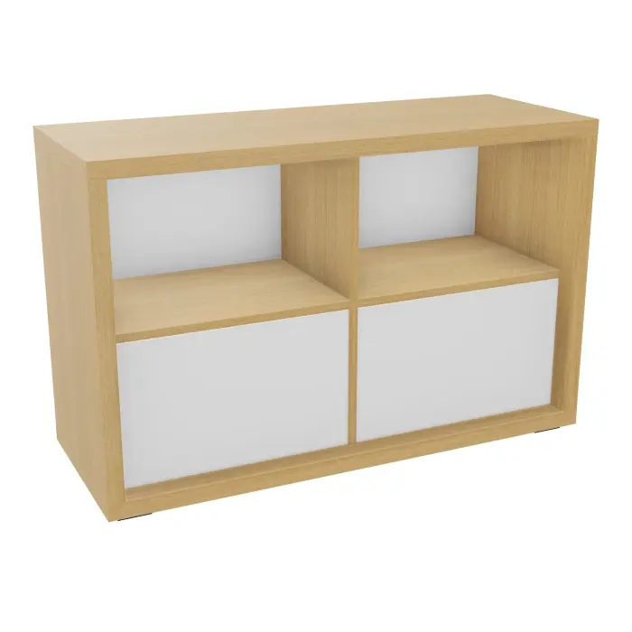 Armoire rangements déco Kara mélamine chêne clair 1 tablette H. 78,2 x L. 120 x P. 46 cm - finition façade et dos mélamine blanc neige - 2 portes battantes mélamine blanc neige