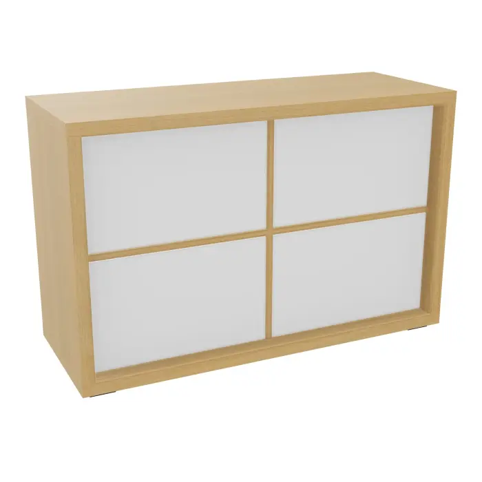 Armoire rangements déco Kara mélamine chêne clair 1 tablette H. 78,2 x L. 120 x P. 46 cm - finition façade et dos mélamine blanc neige - 4 portes battantes en mélamine blanc neige